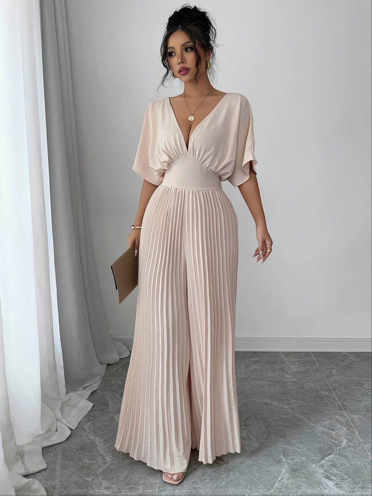 Women's Solid Deep V-Neck Bat Wing Pleat Elegant Jumpsuit Black or Beige 6 - 26