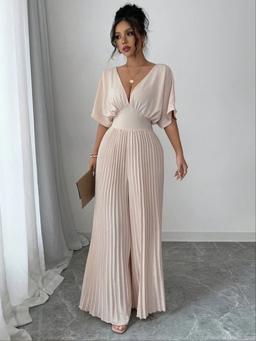 Women's Solid Deep V-Neck Bat Wing Pleat Elegant Jumpsuit Black or Beige 6 - 26