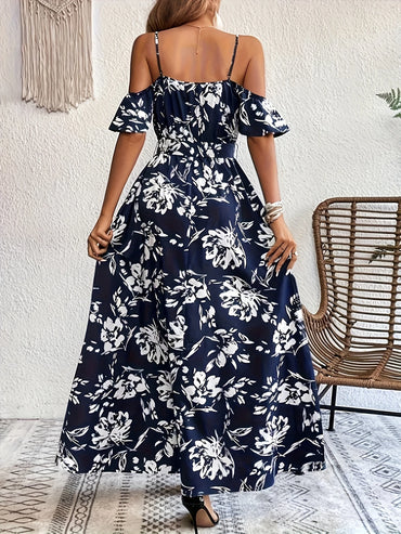Elegant Floral Print Maxi Dress with Waist Tie, Short Sleeves Curve