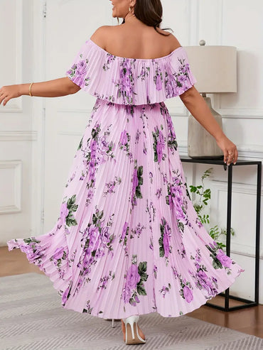 Elegant Curve Floral Print Ruffle Sleeve Maxi Dress