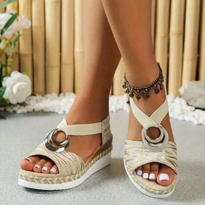 Women's Solid Color Wedge Sandals, Buckle Design