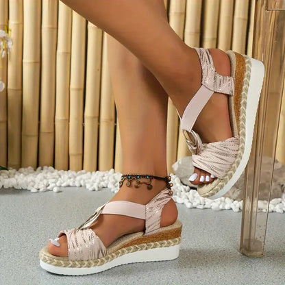 Women's Solid Color Wedge Sandals, Buckle Design