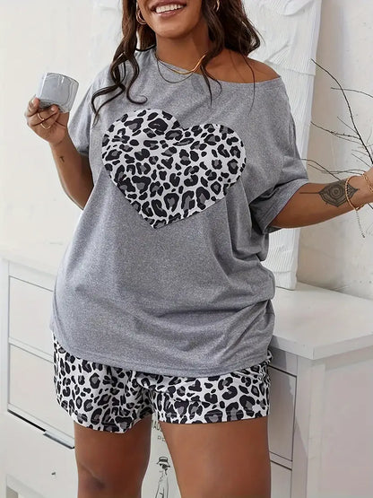 Two Piece Curve Leopard Heart Print Pajama Set -