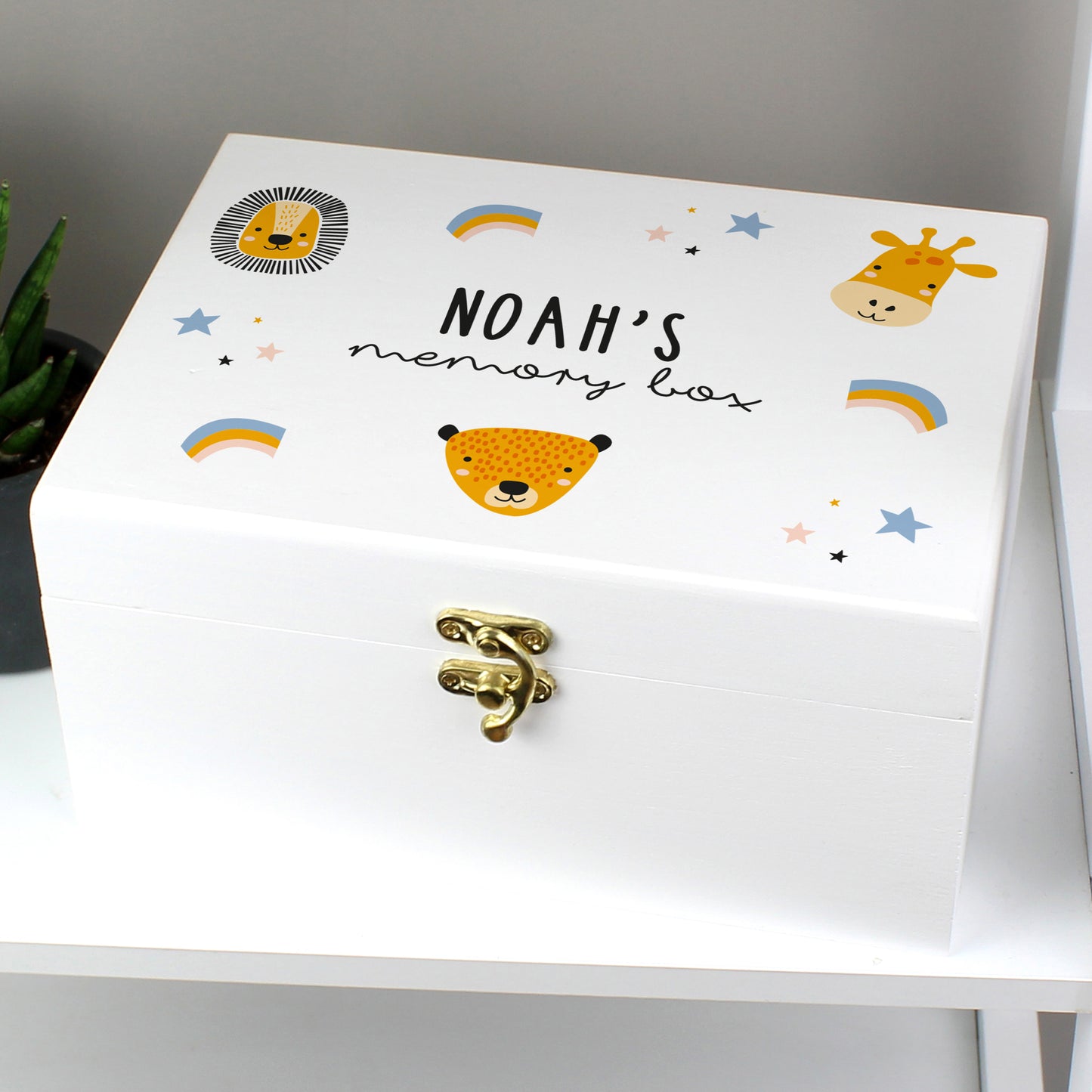 Personalised Safari Animal White Wooden Keepsake Box