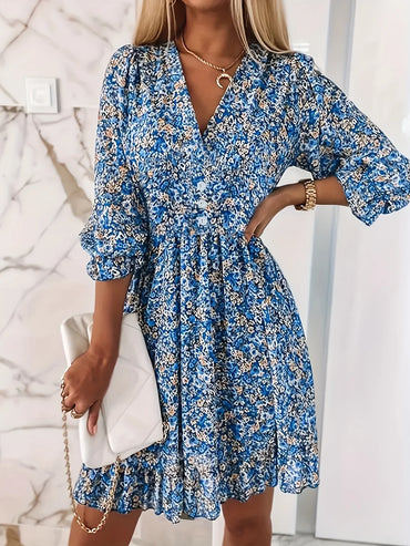 Floral Print Short Sleeve Bubble Sleeve A-Line Dress, with Button Details