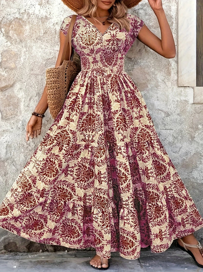 Bohemian  Print  V-Neck Short Sleeve Maxi Dress Curve 8 - 26