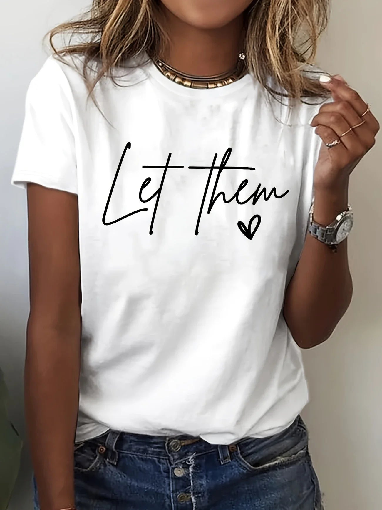 Women's Top Casual Crew Neck T-Shirt with "Let Them" Letter Print,