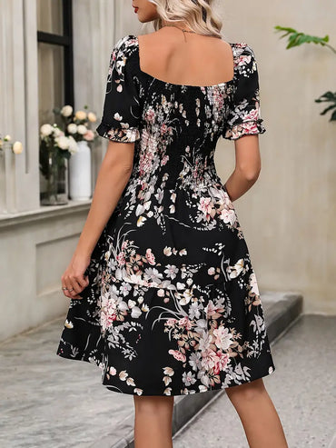 Floral Print Square Neck Ruffled Dress