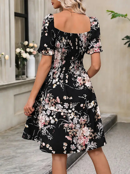 Floral Print Square Neck Ruffled Dress