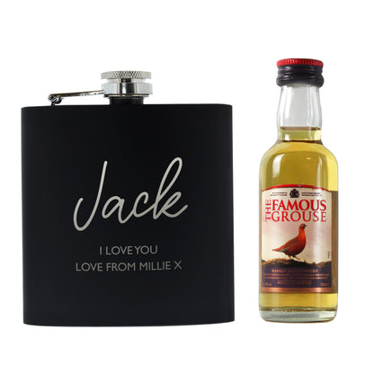Personalised Free Text Hip Flask and Grouse Miniature Set