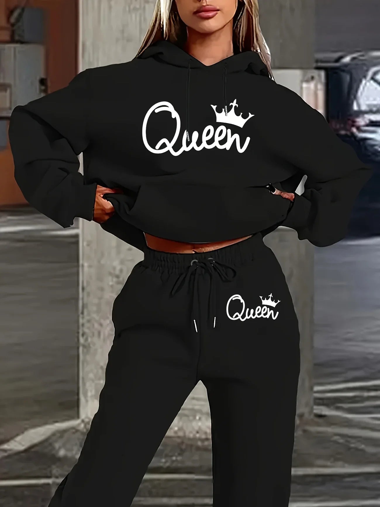 Two-Piece Queen Print Hoodie and Pants Set - Women's Clothing