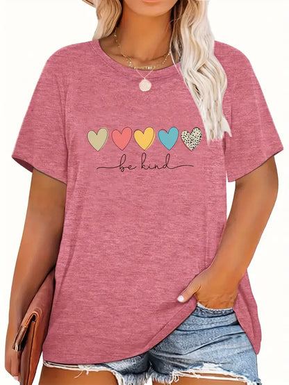 Casual T-shirt,  Heart & Slogan " Be Kind" Short Sleeve  T-shirt Curve