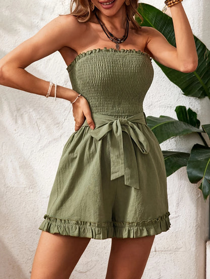 Delicate Ruffle Hem Shirred Tube Romper - Feminine Sleeveless Jumpsuit