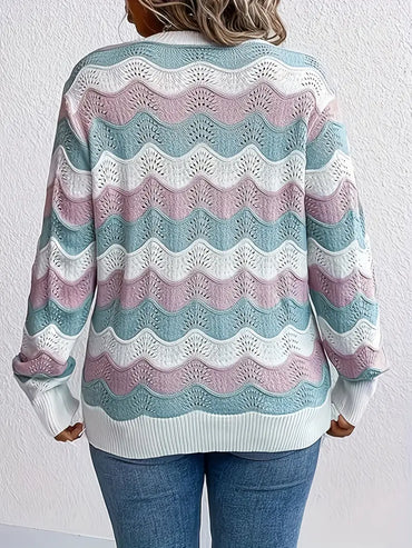 Elegant V-Neck Lace- Sweater - Soft Pastel Stripes Size 16-24