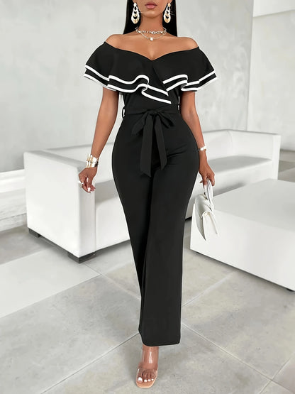 bardot Jumpsuit with Ruffle Sleeves and Color Block Stripess 8 -24