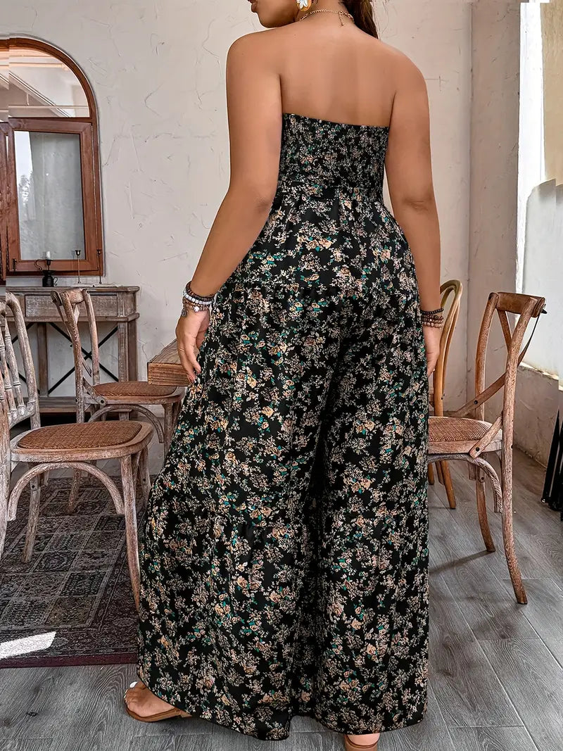 Elegant Off-Shoulder Floral Print Wide-Leg Jumpsuit Curve
