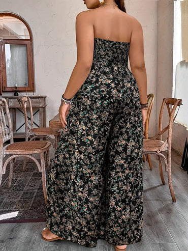 Elegant Off-Shoulder Floral Print Wide-Leg Jumpsuit Curve