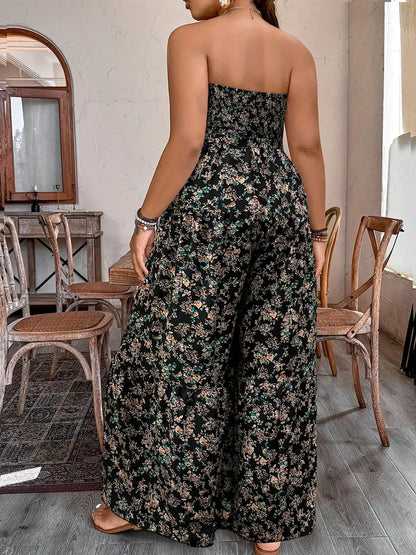Elegant Off-Shoulder Floral Print Wide-Leg Jumpsuit Curve