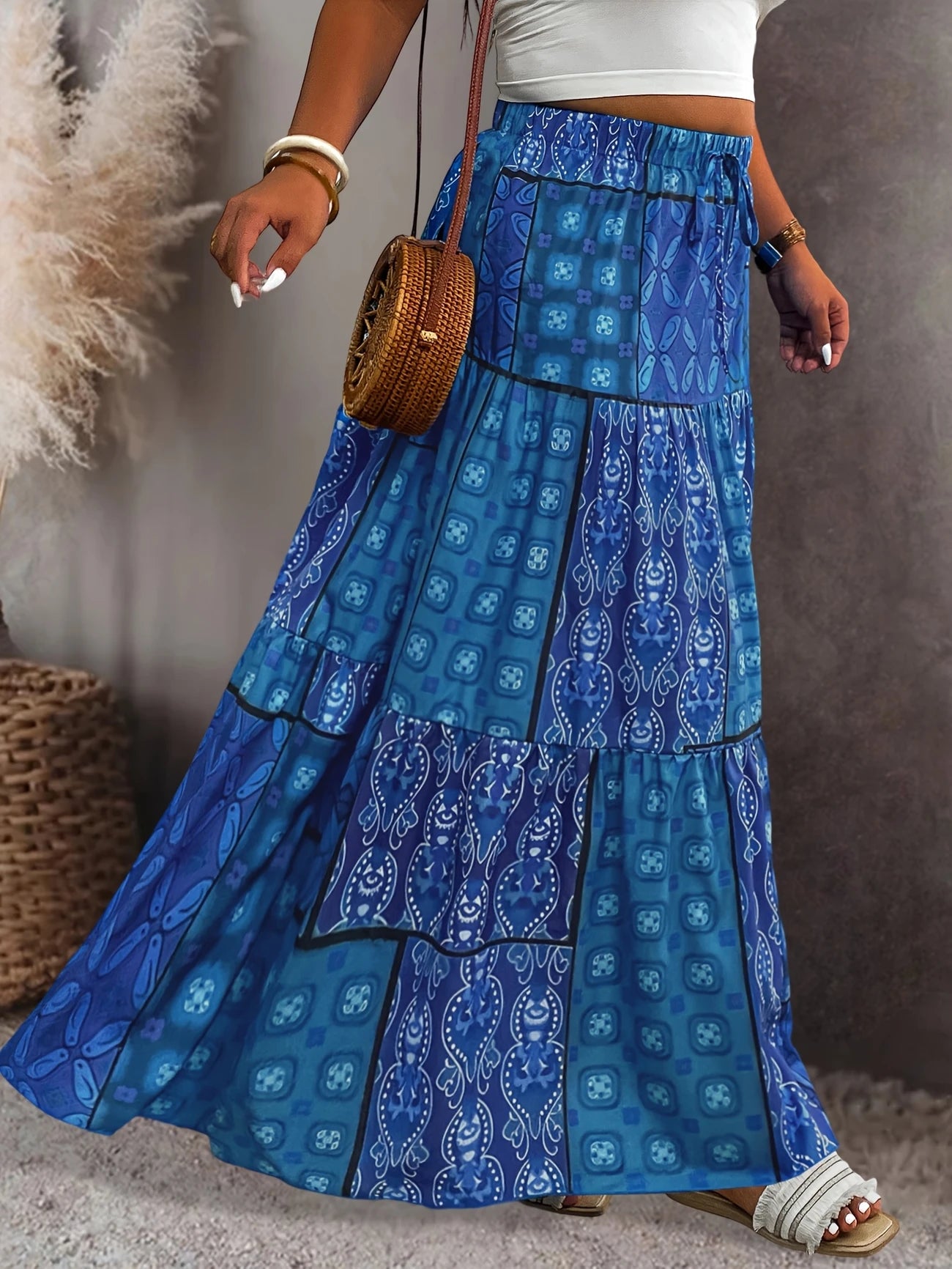 Curve maxi Skirt with Adjustable Waist Tie Blue Floral Print 16-24