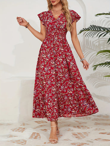 Women's Casual V-Neck Floral Print Dress - Lightweight