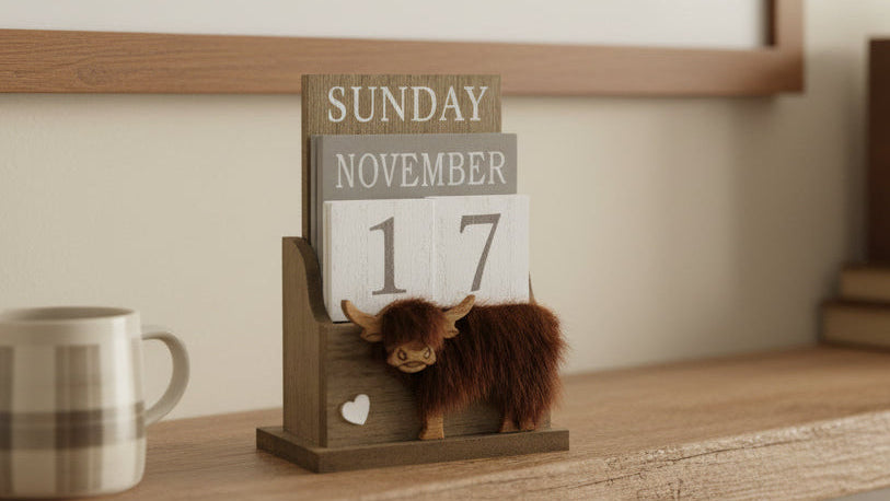 Wooden Highland Cow Calendar, 16cm