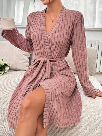 Elegant V-Neck Long Sleeve Belted Robe Curve