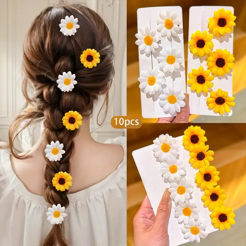10pcs White & Yellow Sunflower Hair Clips