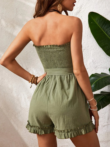 Delicate Ruffle Hem Shirred Tube Romper - Feminine Sleeveless Jumpsuit