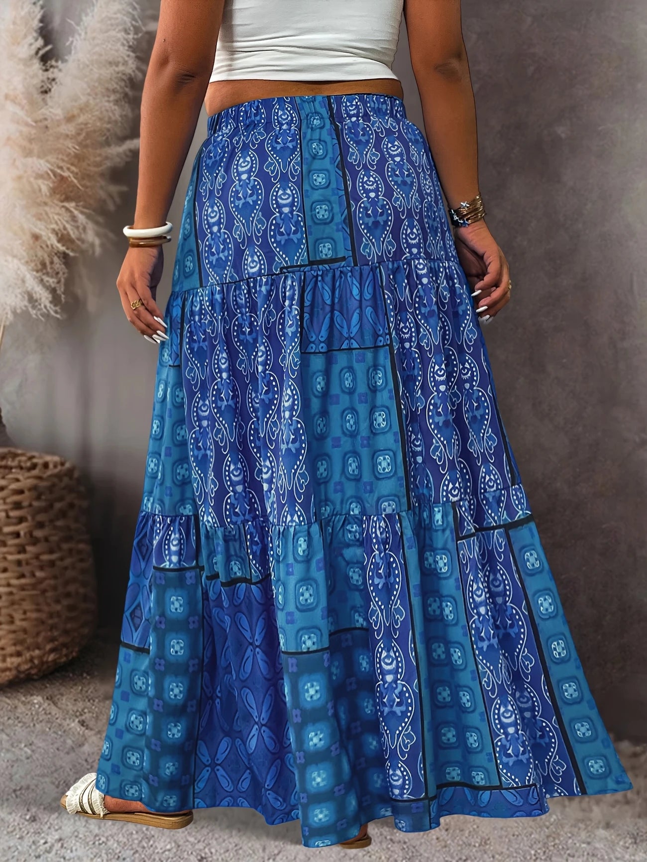 Curve maxi Skirt with Adjustable Waist Tie Blue Floral Print 16-24