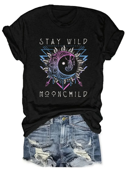 Women's Casual Sun & Moon Graphic Tshirt Stay Wild Moon Child
