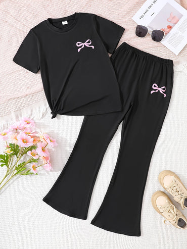 Girls' Bow Printed Short Sleeve Top+Fashion Horn Tight Bow Printed Pants Set