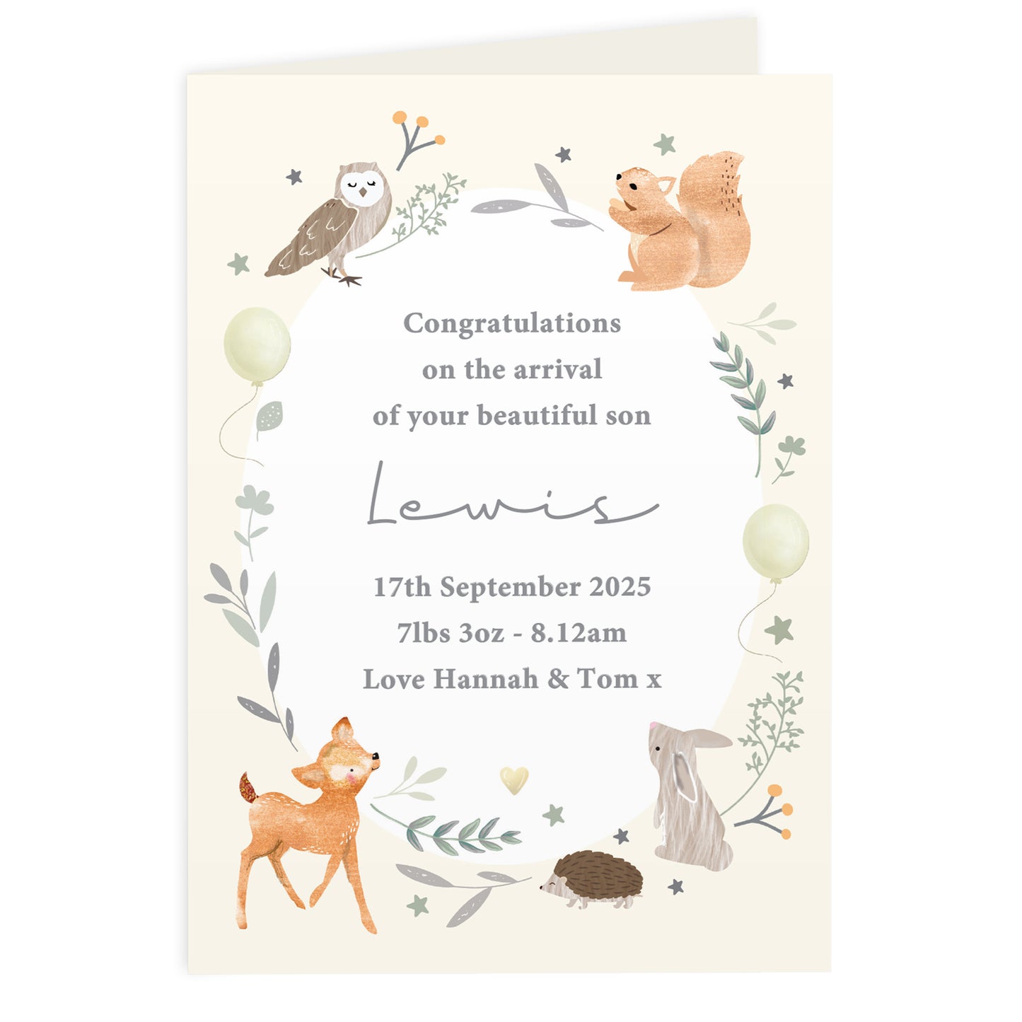 Personalised Woodland Animals New Baby Card