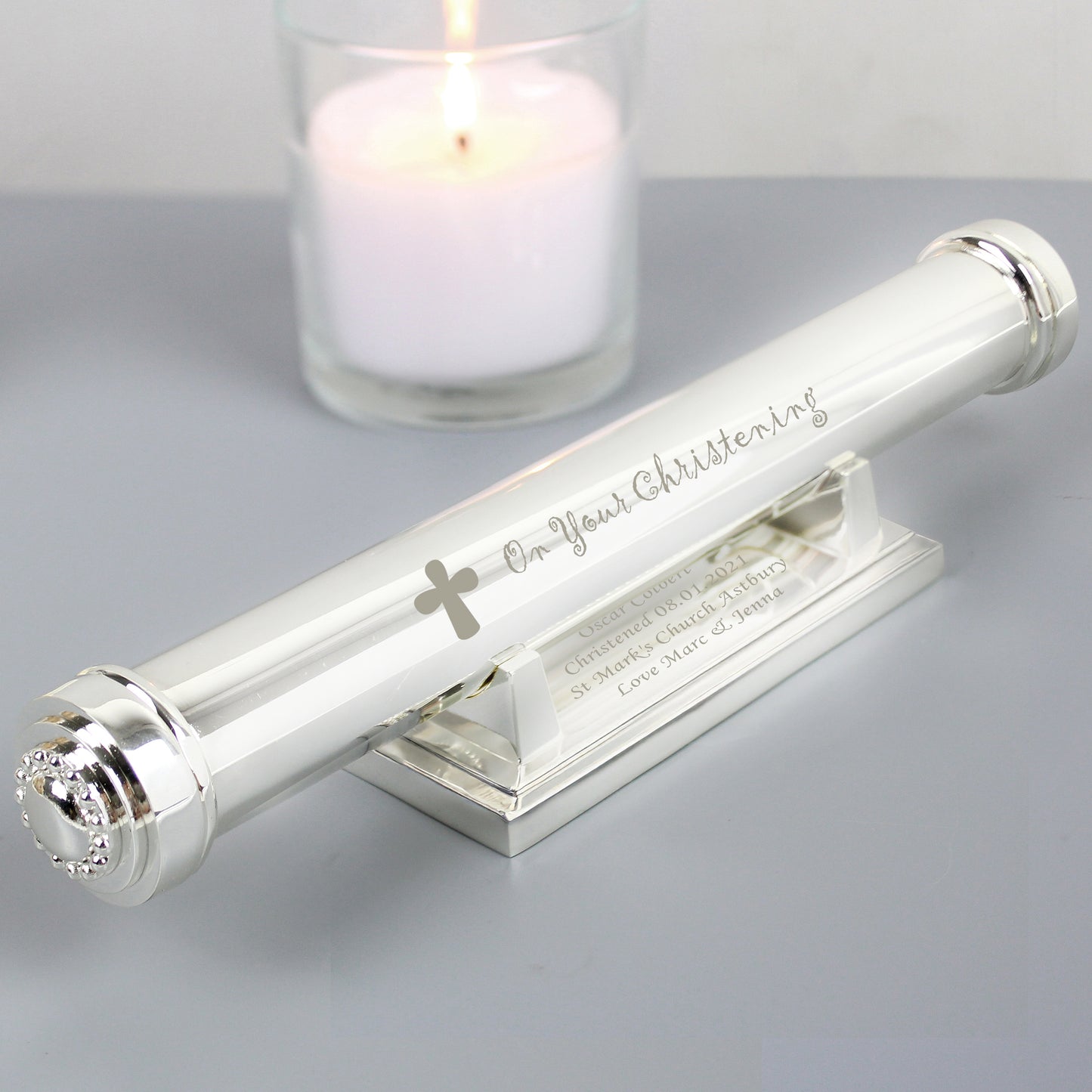 Personalised Christening Cross Silver Plated Certificate Holder