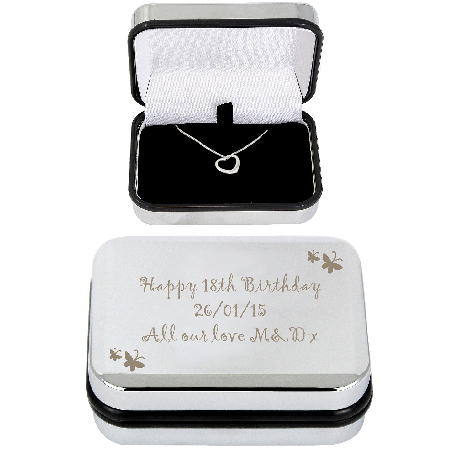 Personalised Butterfly Sterling Silver Heart Necklace and Box