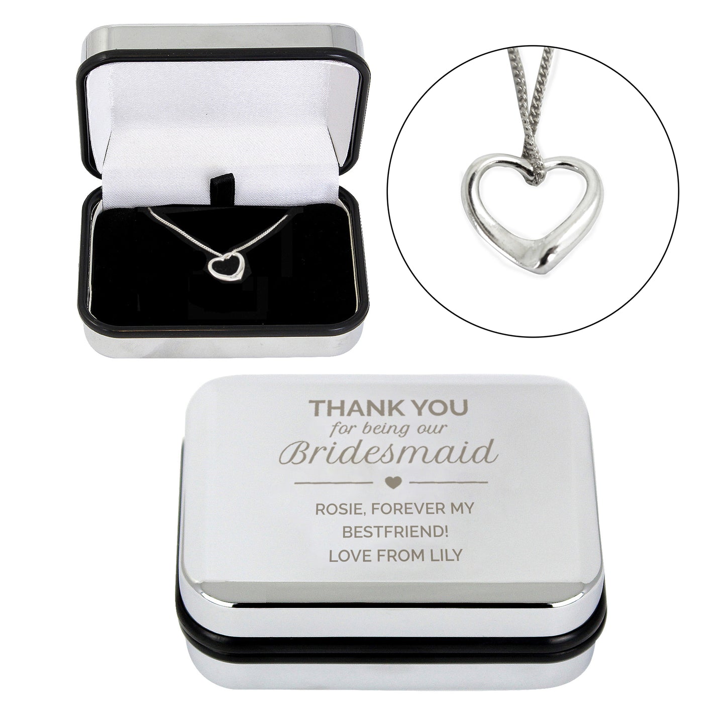 Personalised Bridesmaid Box and Sterling Silver Heart Necklace