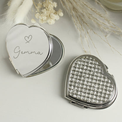 Personalised Name Diamante Heart Compact Mirror