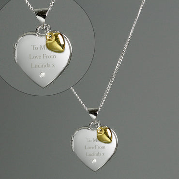 Personalised Sterling Silver Heart Locket Necklace with Diamond & 9ct Gold Charm