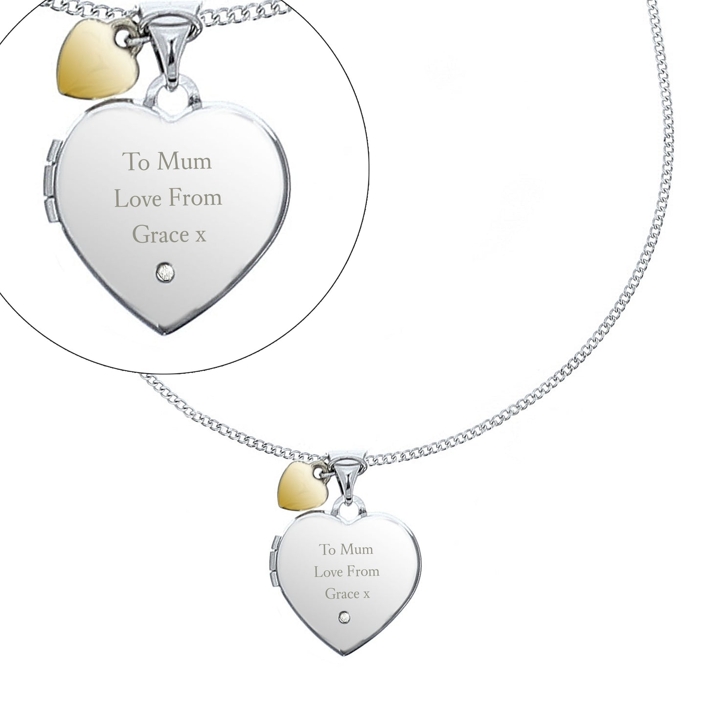 Personalised Sterling Silver Heart Locket Necklace with Diamond & 9ct Gold Charm