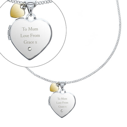 Personalised Sterling Silver Heart Locket Necklace with Diamond & 9ct Gold Charm
