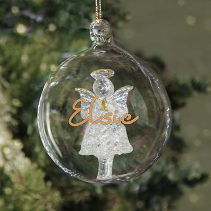Personalised Gold Glitter Name Only Angel Glass Bauble