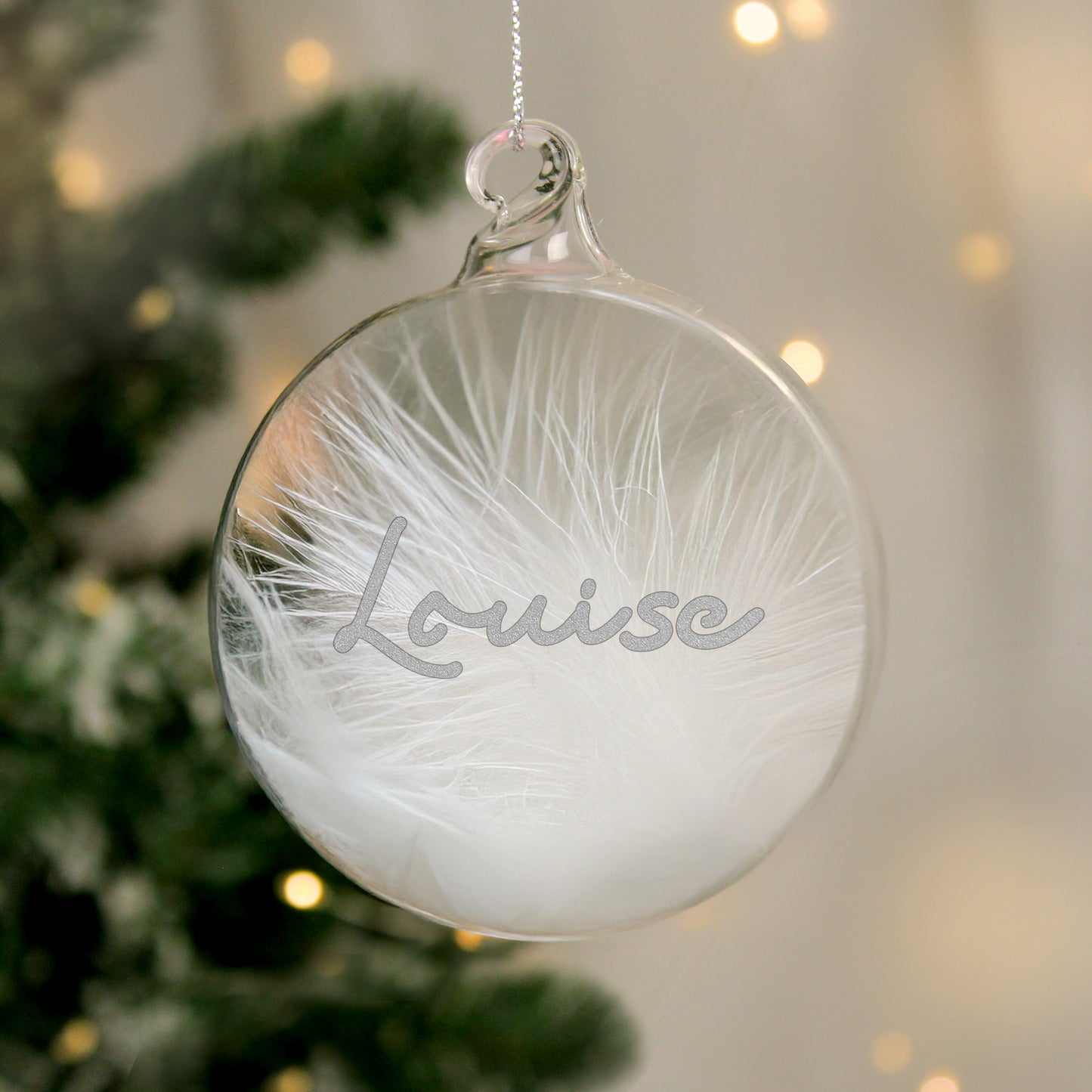 Personalised Silver Glitter Name Only Feather Glass Bauble