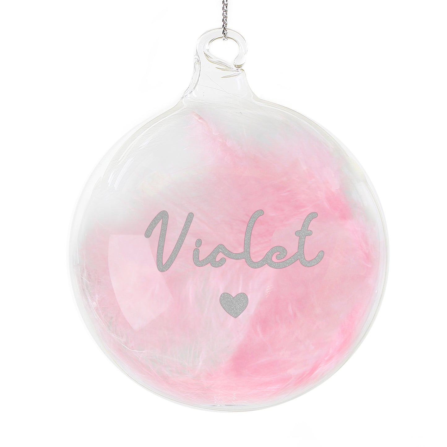 Personalised Pink Feather Silver Heart Glass Bauble