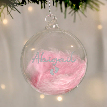Personalised Pink Feather Silver Footprints Glass Bauble