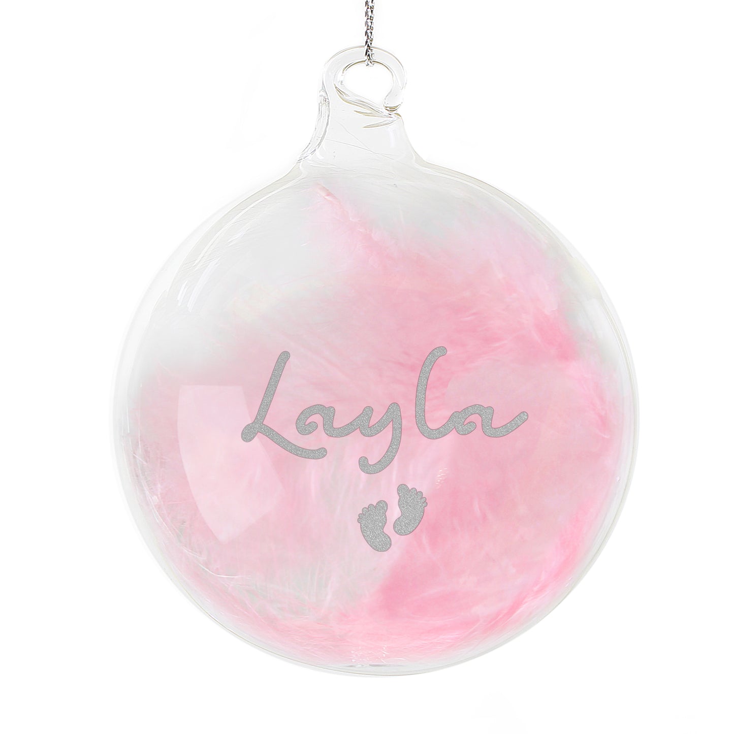 Personalised Pink Feather Silver Footprints Glass Bauble