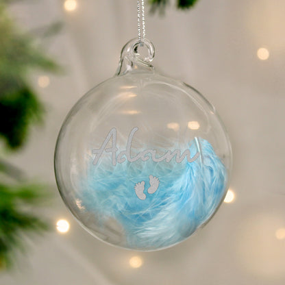 Personalised Blue Feather Silver Footprints Glass Bauble