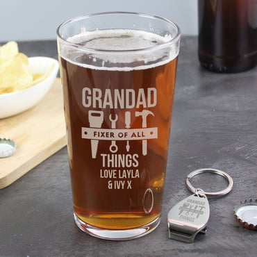 Personalised Fixer of All Things Pint Glass & Bottle Opener