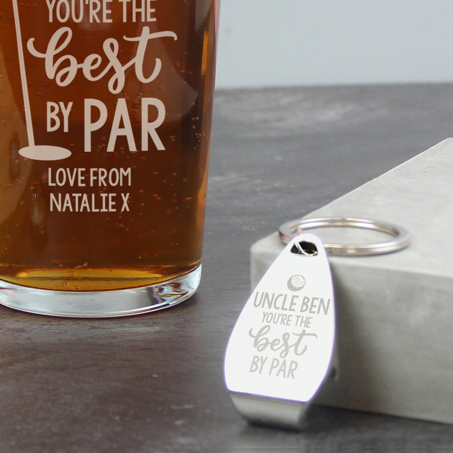 Personalised Best By Par Pint Glass & Bottle Opener