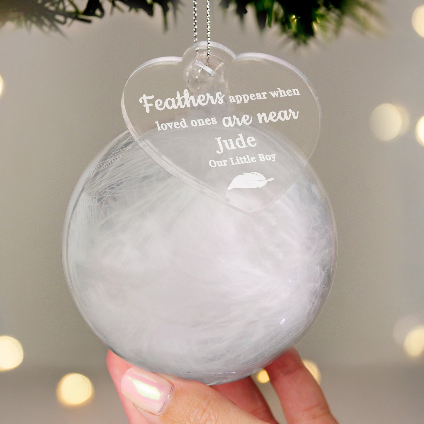 Personalised White Memorial Feather Bauble
