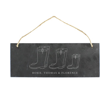 Personalised Welly Boot Family of Three Hanging Slate Plaque