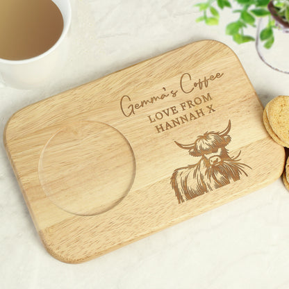 Personalised Highland Cow Wooden Coaster Tray